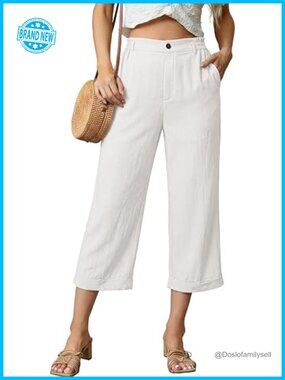 Linen Cropped Wide Leg Pants with Pockets & Drawstring Waist